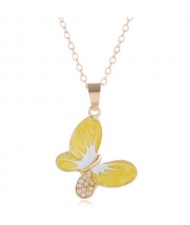 Pearl Inlaid Oil-spot Glazed Butterfly Pendant Korean Fashion Women Alloy Necklace - Yellow