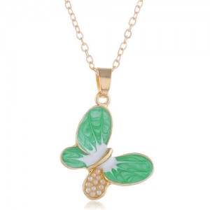 Pearl Inlaid Oil-spot Glazed Butterfly Pendant Korean Fashion Women Alloy Necklace - Green