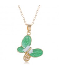 Pearl Inlaid Oil-spot Glazed Butterfly Pendant Korean Fashion Women Alloy Necklace - Green