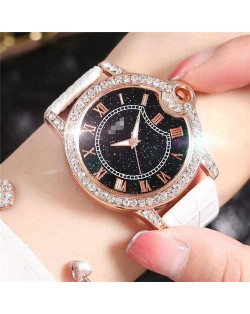 5 Colors Available Rhinestone Rimmed Roman Numerals Starry Index Design Women Fashion Leather Wrist Watch