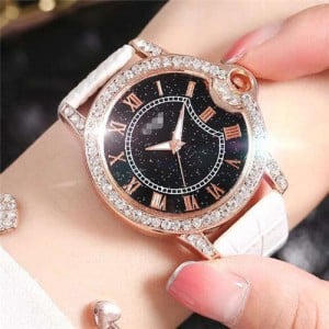 5 Colors Available Rhinestone Rimmed Roman Numerals Starry Index Design Women Fashion Leather Wrist Watch
