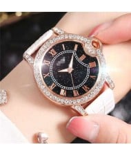 5 Colors Available Rhinestone Rimmed Roman Numerals Starry Index Design Women Fashion Leather Wrist Watch