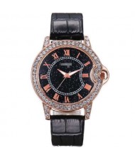 5 Colors Available Rhinestone Rimmed Roman Numerals Starry Index Design Women Fashion Leather Wrist Watch