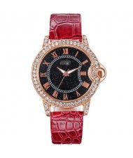 5 Colors Available Rhinestone Rimmed Roman Numerals Starry Index Design Women Fashion Leather Wrist Watch