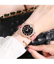 5 Colors Available Rhinestone Rimmed Roman Numerals Starry Index Design Women Fashion Leather Wrist Watch