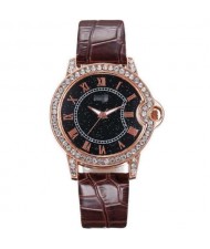 5 Colors Available Rhinestone Rimmed Roman Numerals Starry Index Design Women Fashion Leather Wrist Watch