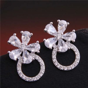 Shining Crystal Flower Hoop Design Delicate Women Copper Earrings
