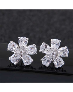 Sweet Korean Style Flower Design Cubic Zirconia Women Copper Earrings - Silver