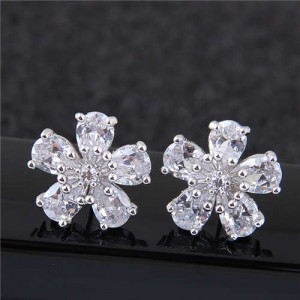 Sweet Korean Style Flower Design Cubic Zirconia Women Copper Earrings - Silver