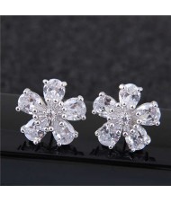Sweet Korean Style Flower Design Cubic Zirconia Women Copper Earrings - Silver