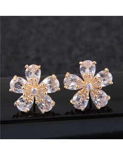 Sweet Korean Style Flower Design Cubic Zirconia Women Copper Earrings - Golden