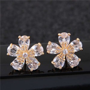 Sweet Korean Style Flower Design Cubic Zirconia Women Copper Earrings - Golden