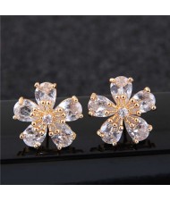 Sweet Korean Style Flower Design Cubic Zirconia Women Copper Earrings - Golden