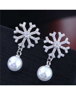 Snowflake with Pearl Pendant Korean Fashion Women Copper Costume Earrings