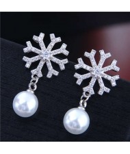Snowflake with Pearl Pendant Korean Fashion Women Copper Costume Earrings