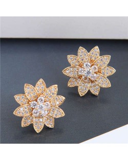 Cubic Zirconia Delicate Shining Flower Design Korean Fashion Women Copper Earrings - Golden