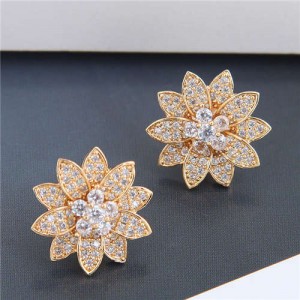 Cubic Zirconia Delicate Shining Flower Design Korean Fashion Women Copper Earrings - Golden