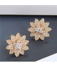 Cubic Zirconia Delicate Shining Flower Design Korean Fashion Women Copper Earrings - Golden