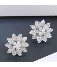Cubic Zirconia Delicate Shining Flower Design Korean Fashion Women Copper Earrings - Silver