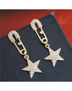 Cubic Zirconia Embellished Star Pendant Pin Design Unique Fashion Women Copper Earrings - Golden