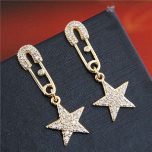 Cubic Zirconia Embellished Star Pendant Pin Design Unique Fashion Women Copper Earrings - Golden