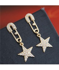 Cubic Zirconia Embellished Star Pendant Pin Design Unique Fashion Women Copper Earrings - Golden