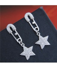 Cubic Zirconia Embellished Star Pendant Pin Design Unique Fashion Women Copper Earrings - Silver