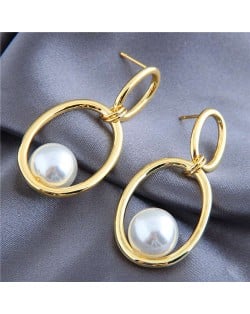 Pearl Inlaid Graceful Golden Hoop Design Korean Fashion Women Costume Earrings