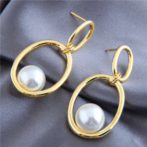 Pearl Inlaid Graceful Golden Hoop Design Korean Fashion Women Costume Earrings