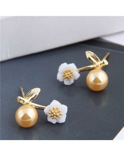 Plum Blossom Golden Bead Design Korean Fashion Copper Women Earrings