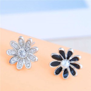Cubic Zirconia Embellished Silver and Black Asymmetric Design Sweet Flower Women Stud Earrings