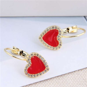 Rhinestone Rimmed Red Heart Design Golden Fashion Women Ear Clips