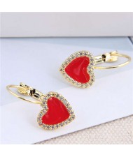 Rhinestone Rimmed Red Heart Design Golden Fashion Women Ear Clips
