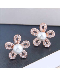 Pearl Inlaid Luxurious Cubic Zirconia Hollow Flower Design Women Copper Stud Earrings - Rose Gold