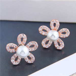 Pearl Inlaid Luxurious Cubic Zirconia Hollow Flower Design Women Copper Stud Earrings - Rose Gold