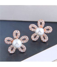 Pearl Inlaid Luxurious Cubic Zirconia Hollow Flower Design Women Copper Stud Earrings - Rose Gold