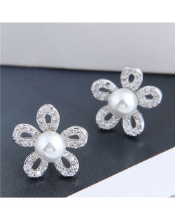 Pearl Inlaid Luxurious Cubic Zirconia Hollow Flower Design Women Copper Stud Earrings - Silver