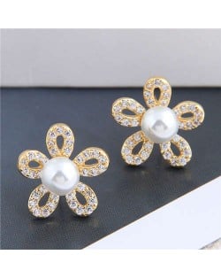 Pearl Inlaid Luxurious Cubic Zirconia Hollow Flower Design Women Copper Stud Earrings - Golden