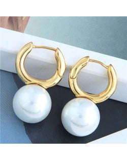 Natural Pearl Decorated Golden Mini Hoop Women Copper Earrings