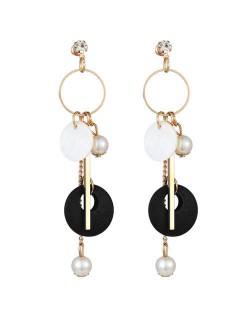 Seashell Wooden Hoop and Pearl Pendants Mixed Elements Design High Fashion Women Earrings - Black
