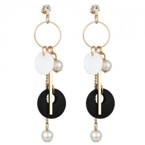 Seashell Wooden Hoop and Pearl Pendants Mixed Elements Design High Fashion Women Earrings - Black