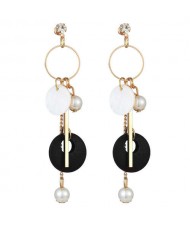 Seashell Wooden Hoop and Pearl Pendants Mixed Elements Design High Fashion Women Earrings - Black