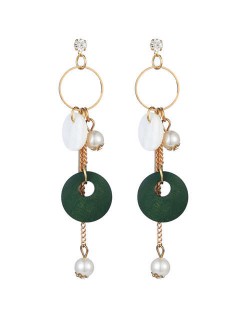 Seashell Wooden Hoop and Pearl Pendants Mixed Elements Design High Fashion Women Earrings - Green