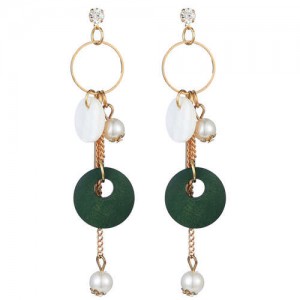 Seashell Wooden Hoop and Pearl Pendants Mixed Elements Design High Fashion Women Earrings - Green