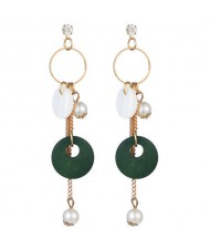 Seashell Wooden Hoop and Pearl Pendants Mixed Elements Design High Fashion Women Earrings - Green