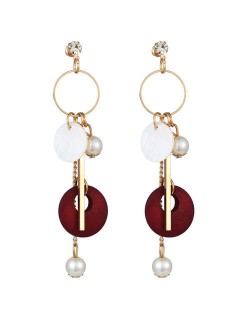 Seashell Wooden Hoop and Pearl Pendants Mixed Elements Design High Fashion Women Earrings - Red