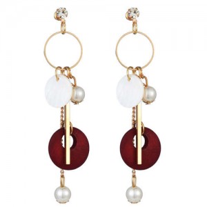 Seashell Wooden Hoop and Pearl Pendants Mixed Elements Design High Fashion Women Earrings - Red