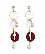 Seashell Wooden Hoop and Pearl Pendants Mixed Elements Design High Fashion Women Earrings - Red