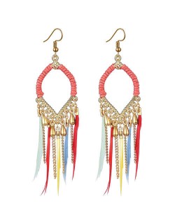 Leather and Beads Chain Tassel Design Waterdrop Design Bohemian Fashion Women Hoop Earrings