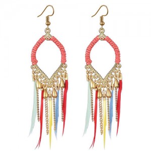 Leather and Beads Chain Tassel Design Waterdrop Design Bohemian Fashion Women Hoop Earrings